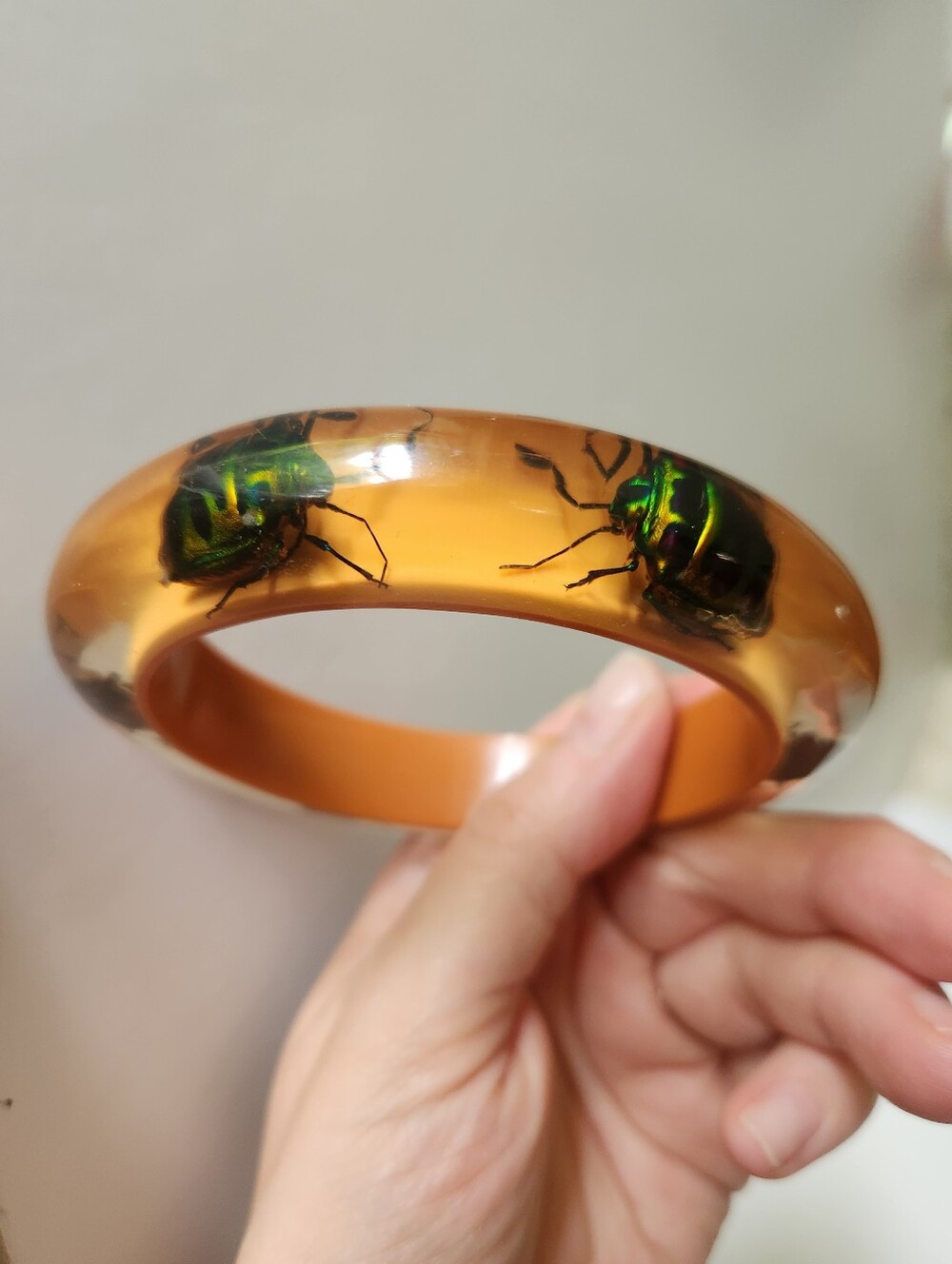Rare Vintage MCM Lucite Beetle Bangle Bracelet with Real Encased Beetles